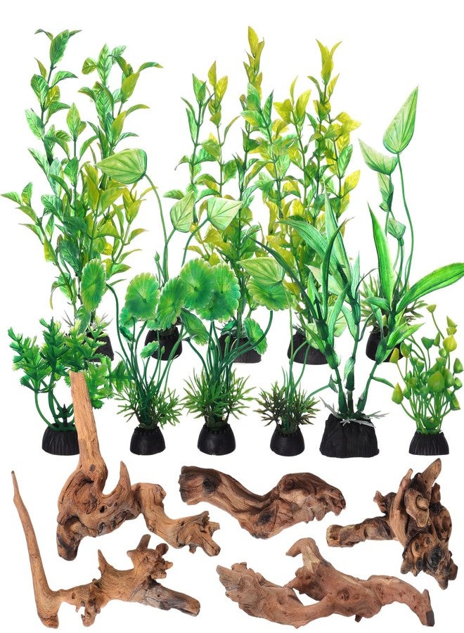 Solsew 16 Pcs Aquarium Decor Fish Tank Decorations Include 6 Small Natural Coral Driftwood Spiderwood and 10 Green Plastic Plants for Reptile Terrarium Accessories Goldfish Tank Decor - Image 1
